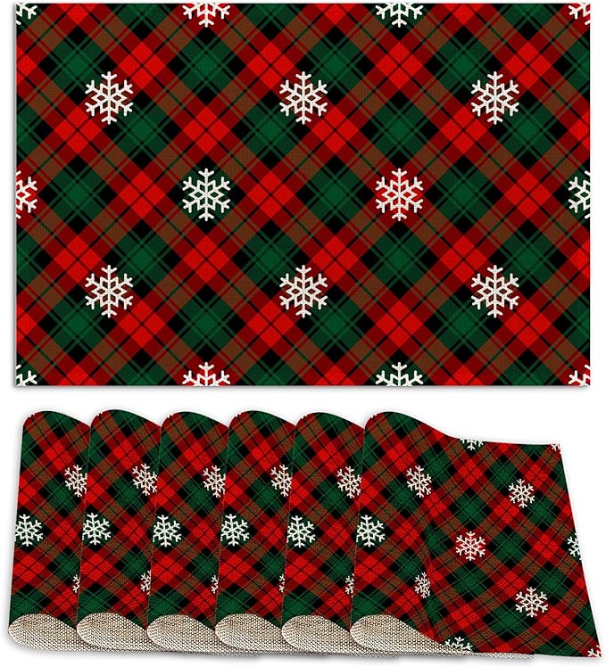 Set of 6 Washable Red Green Plaids Placemats Non-Slip Heat-Resistant 12x18 Inch Thick Decorative Retro Christmas Plaid Linen Table Mats for Dining Table Home Décor
