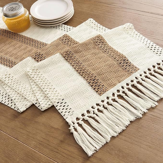 ZeeMart Macrame Style Bicolor Stitching Table Runner, 14 x 72 Inch Brown/Ivory, Boho Neutral Table Runners 72 Inches Long, Farmhouse Woven Home Decor
