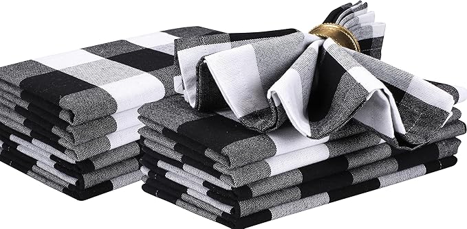 Lightnpro Buffalo Plaid Cloth Napkins Set of 12 – Checkered Cotton Dinner Napkins, Soft & Durable, 18x18 Inch, Black & White, Perfect for Dining, Parties & Everyday Use