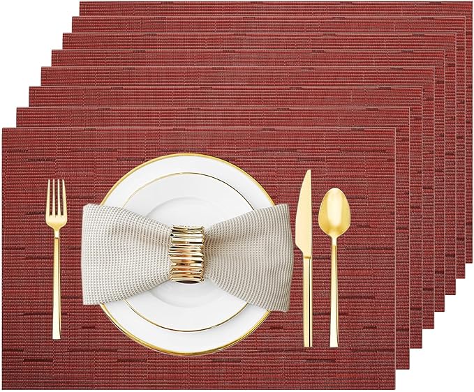 Placemats Set of 8 Washable&Wipeable Place mats for Dining Table Kitchen Indoor Outdoor Table Mats Heat Resistant Non Slip Woven Vinyl Table Placemats (Red，8PCS)