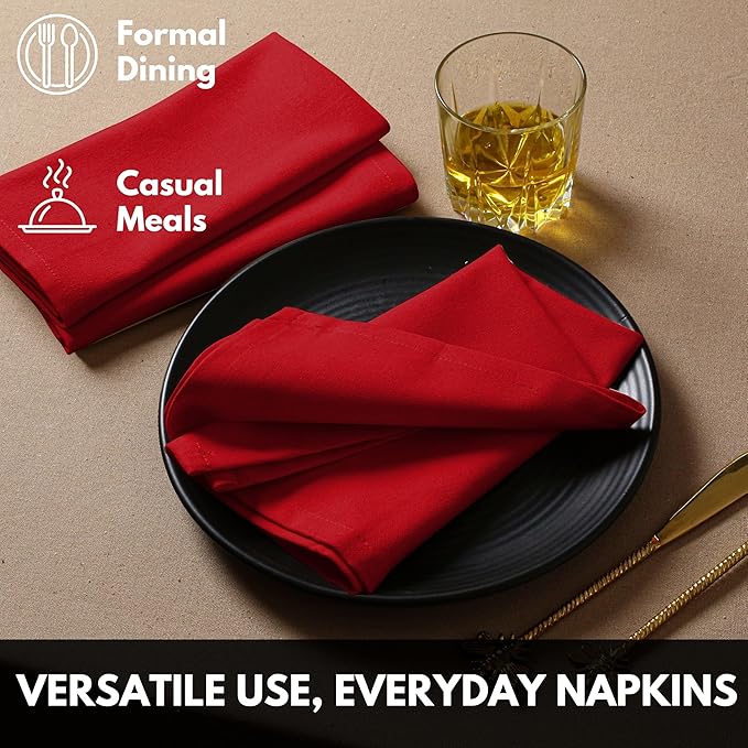 Napkins 100% Cotton Set of 12 Decorative Cloth Napkin Washable Dinner Napkins for Holiday, Dinner, Wedding, Baby Shower & Dining - Red (17"x17")