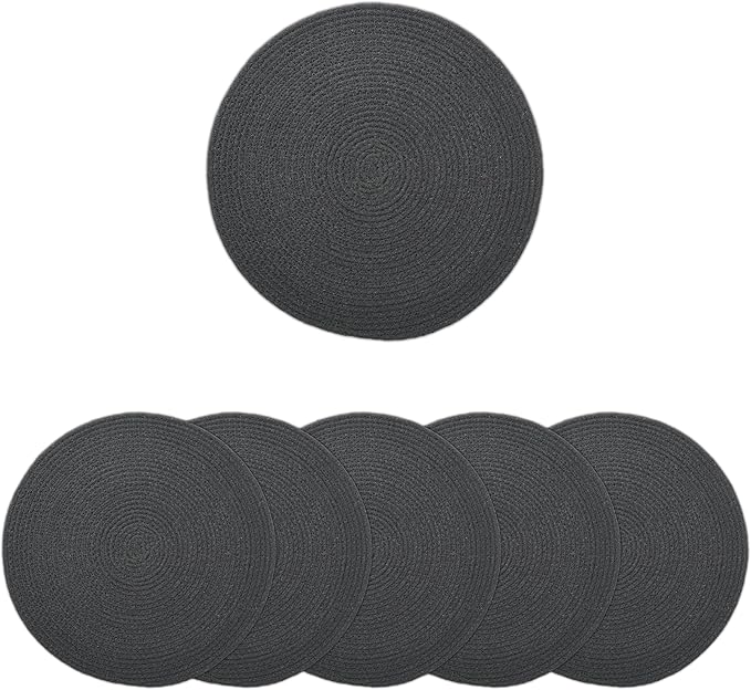Encasa XO Dining Placemats Set of 6 | Cotton Round Table Mat - 13 in Diameter | Dark Grey | Handmade Rib Style Chargers for Dinner Plates