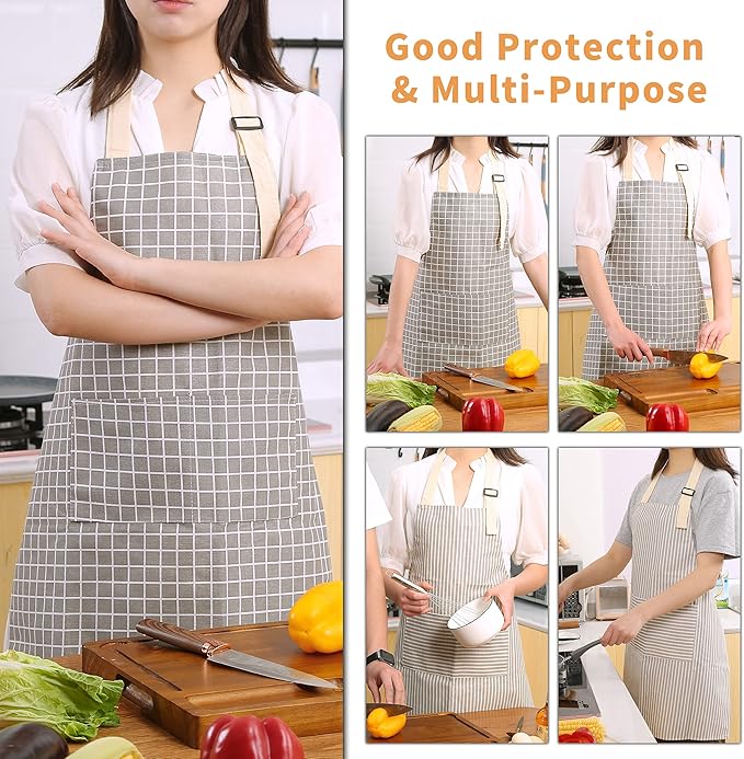 Tosewever 2 Pieces Kitchen Cooking Aprons, Waterproof Linen Adjustable Bib Aprons with 2 Pockets for Women Men Chef (Grey Stripes/Plaids, 2)