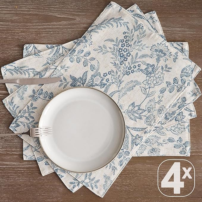 JINCHAN Linen Floral Placemats Set of 4 Cloth Table Mats Rustic Cottagecore Botanical Outdoor Seasonal for Kitchen Dining Table Decor Non-Slip Washable Tablemats 13x19 Inch Blue