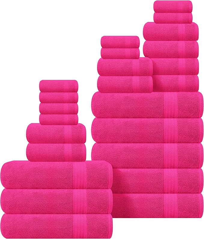 GLAMBURG Ultra Soft 24-Piece Towel Set - 100% Pure Ringspun Cotton, Contains 8 Oversized Bath Towels 27x54, 8 Hand Towels 16x28, 8 Wash Cloths 13x13 - Ideal for Everyday use, Hotel & Spa - Hot Pink