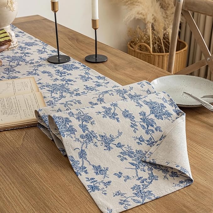 Pastoral Table Runner - 14 x 72 Inch Rectangle - Washable Tabletop with Dust-Proof Wrinkle Resistant for Restaurant, Picnic, Indoor and Outdoor Dining, Floral (Dark Blue)