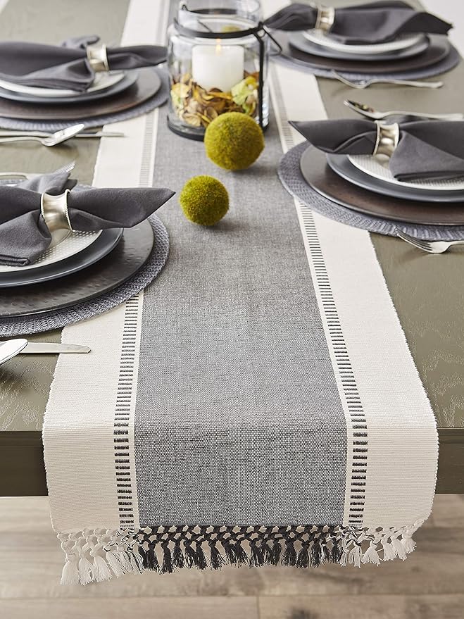 DII Dobby Stripe Woven Table Runner, 13x108 (13x113.5, Fringe Included), Mineral Gray