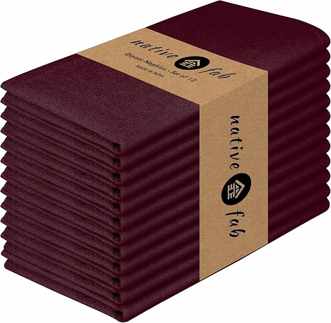 Native Fab Cloth Napkins, Set of 12, 17" x 17", 100% Cotton, Washable & Reusable Fabric Linen, Table Decor for Dinner, Events, Parties, Weddings – Burgundy