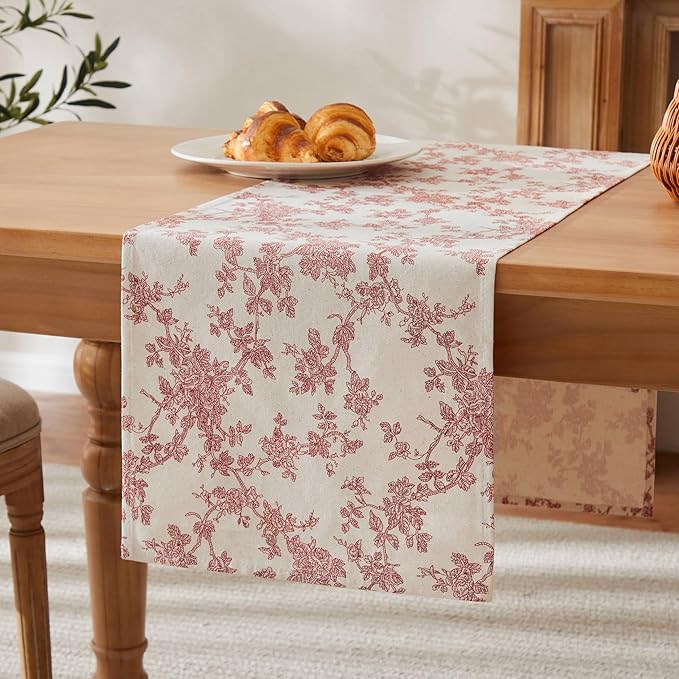 100% Cotton French Pastoral Table Runners, 13x108 Inch red Farmhouse Table Runners 108 Inches Long, Vintage Flowers Print Home Decors