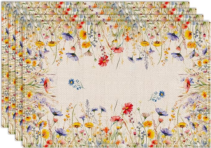 Spring Place Mats Set of 4 12x18 inch for Dinning Table - Blooming Floral Spring Table Decor, Party - Farmhouse Flower Seasonal Table Mats Decroations for Home
