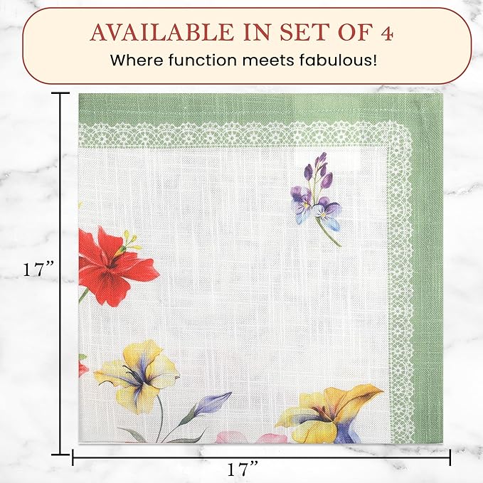 Vintage Vista Cotton Cloth Napkins Set of 4 (17" x 17") - Digital Printed Table Napkins Cloth Washable & Reusable for Everyday Use & Easter - (Red Flowers)
