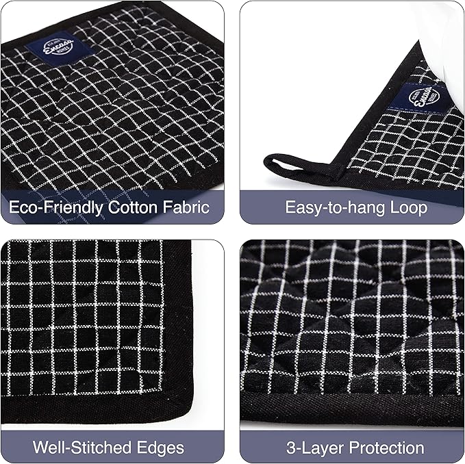 Encasa XO 8 inches Oven Microwave Potholders (2 pc Set) for Kitchen Cooking & Baking - Heat Resistant, Thick & Safe, Protection of Hands from Hot Utensils - Butcher Checks Black