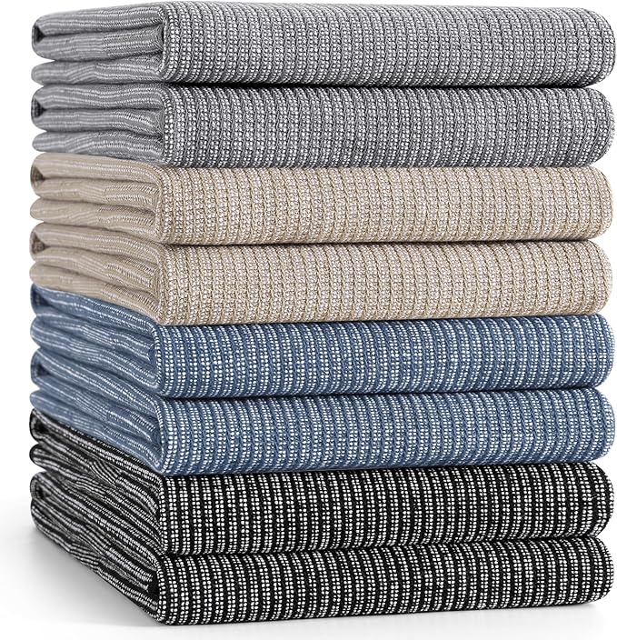 Mordimy Premium Kitchen Towels 8 Pack (18 x 28 Inches, Mixed Color), Large Cotton Kitchen Hand Towel, Flat & Terry Dish Towels for Drying Dishes, Super Absorbent Tea Dishtowels Set with Hanging Loop