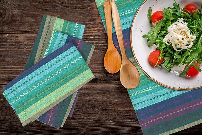 Lightnpro Salsa Stripes Cloth Napkins Set of 12 – Wedding, Christmas & Holiday Table Napkins, Machine Washable Cloth Napkins for Special Occasions & Everyday Use - 18x18 Inch Teal Multi