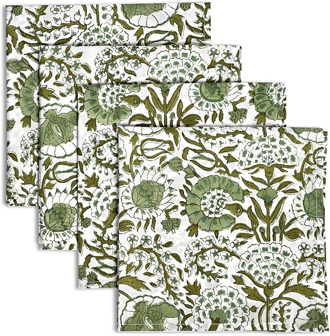 CPC Agate Green Indian Block Print Cotton Cloth Napkins Set of 4, 18x18 Reusable Everyday Napkins, Soft, Absorbent, Floral Dinner Napkin, Holiday, Party Gift, Spring,Mother's Day