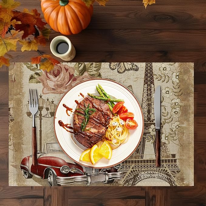 Eiffel Tower in Paris Placemats Set of 6,Washable Heat Resistant 12×18 Inch Linen Table Mats Vintage Place Mats for Party Outdoor Dining Décor