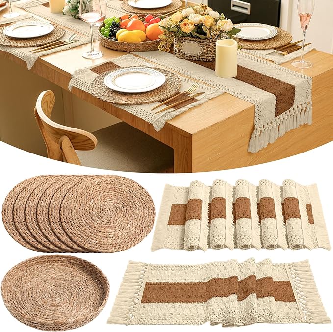 Boho Placemats 4/6/8 Set of Round Woven Placemat Macrame Style Bicolor Stitching Long Table Runner Farmhouse Rustic Natural Burlap Cotton for Kitchen Dining Table(6 Sets,Caramel Color,12x72)