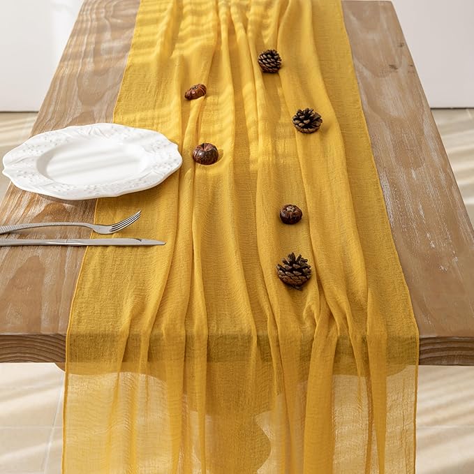 Keketoarrange Golden Yellow Spring Easter Gauze Rustic Cheesecloth Table Runner 120 Inch 10 FT for Wedding Baby Shower Bridal Shower Birthday Engagement Garden Outdoor Party Sheer Boho Decorations