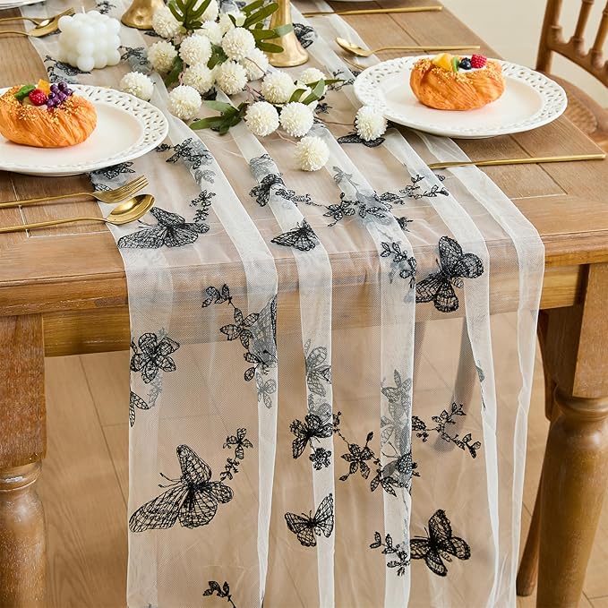 YATOJUZI Embroidery Butterfly Table Runner Tulle Wabi-sabi Decor Seasonal Decorations Dining Table Runners for Home Kitchen Funeral