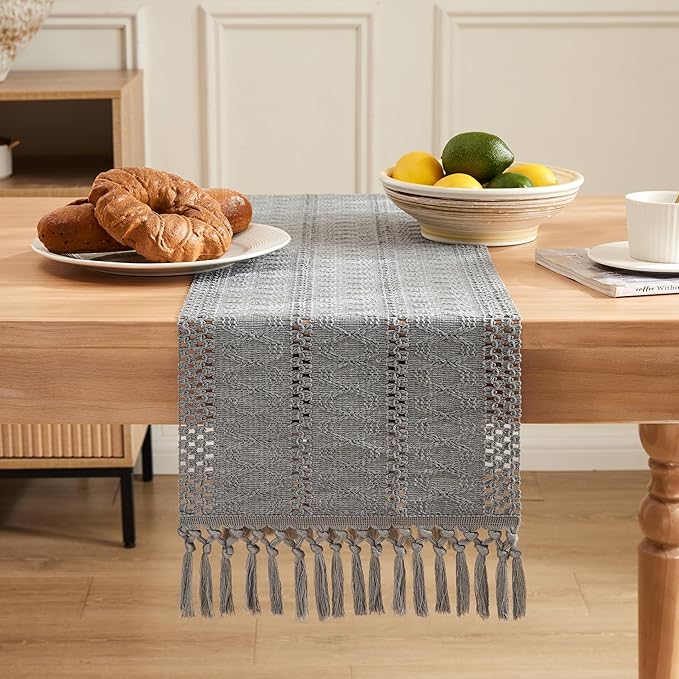 ZeeMart Macrame Style Boho Table Runner, Grey Table Runners 48 Inches Long, Farmhouse Woven Home Decor, 12x48 Inch, Grey