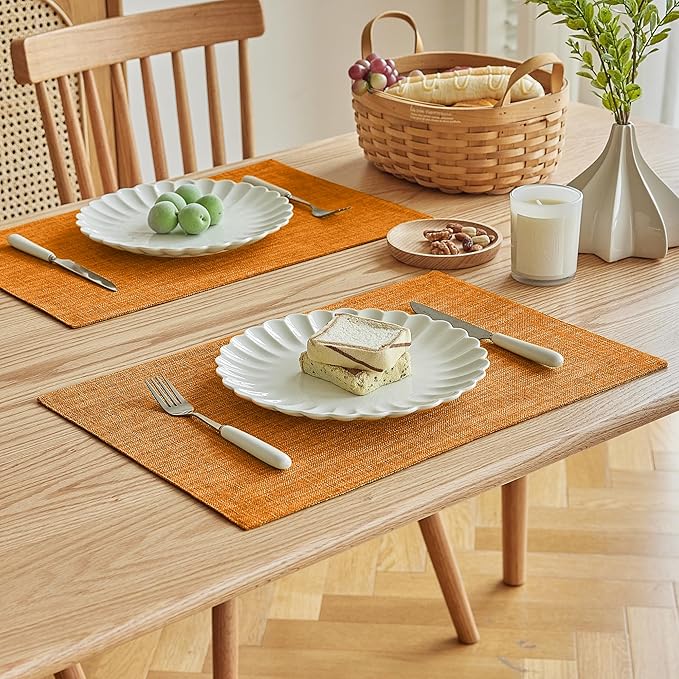 Softalker Faux Linen Placemats Set of 6-12 x 18 Inch, Heat Resistant Double Layered Durable Burlap Farmhouse Place Mats, Non-Slip Washable Rustic Table Mats for Dining, Kitchen, Party（Orange