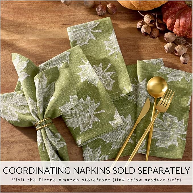 Elrene Home Fashions Falling Leaves Jacquard Harvest/Thanksgiving Cotton Tablecloth, 60"x84" Oval, Green