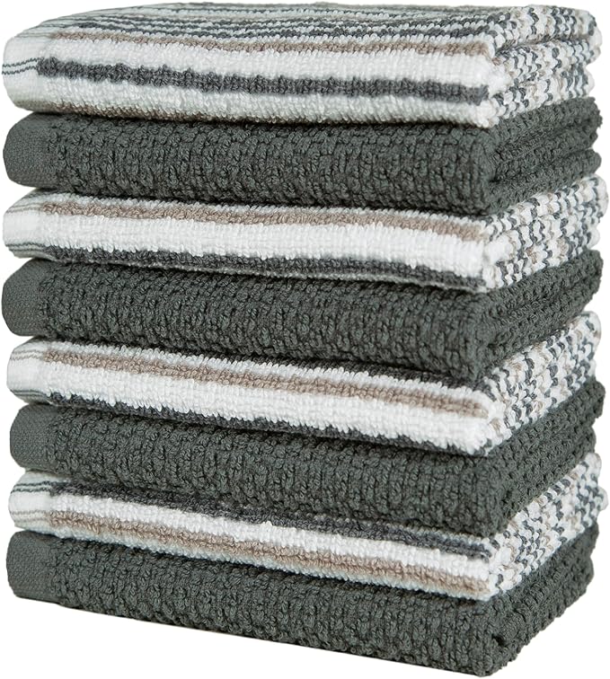 Bumble Towels Premium Dish Cloths 12"x12" | 100% Natural Ring Spun Cotton Tea Towel Set | 430 GSM | Highly Absorbent & Soft | 8 Pack - 4 Popcorn Striped & 4 Solid Kitchen Towels - Gray