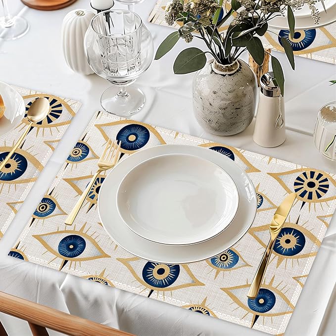 Evil Eye Table Mats Set of 6,Non-Slip Washable Placemats for Restaurant Home Kitchen Dinner Table 12x18Inch