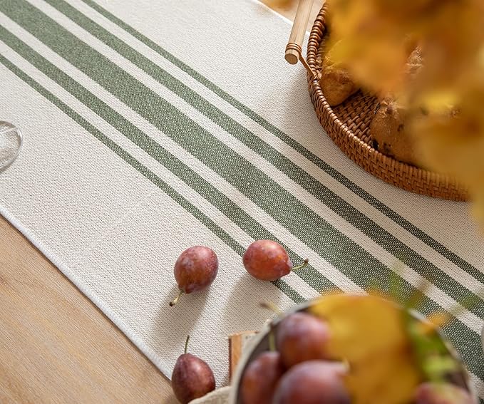 Caflife Boho Table Runner for Modern Farmhouse Decor, Dining Table décor 13 x 72 Inch Long with Handcrafted Tassels, Green and Beige Stripe Table Runner for Home Boho décor