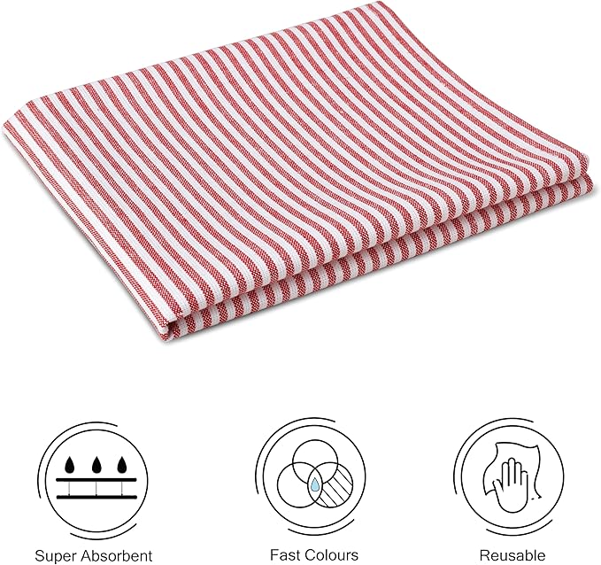 Encasa XO Cotton Kitchen Towel Set | Hand and Tea Cloth for Cleaning & Quick Drying, X-Large 28"x18" (Pack of 4) Highly Absorbent - Ticking Red