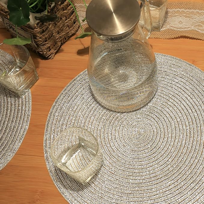 FunWheat Round Braided Placemats Set of 6 Table Mats for Dining Tables Woven Washable Non-Slip Place mats(Shining Sliver, 6pcs)