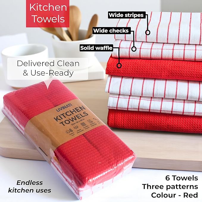 Cotton Dish Towels for Kitchen Drying - Highly Absorbent Wide Red Striped Plaid Tea Towels - 18"X28" Set of 6 Farmhouse Linen Dishtowels in Bulk - Pano De Prato para Cozinha - T Towles Towls