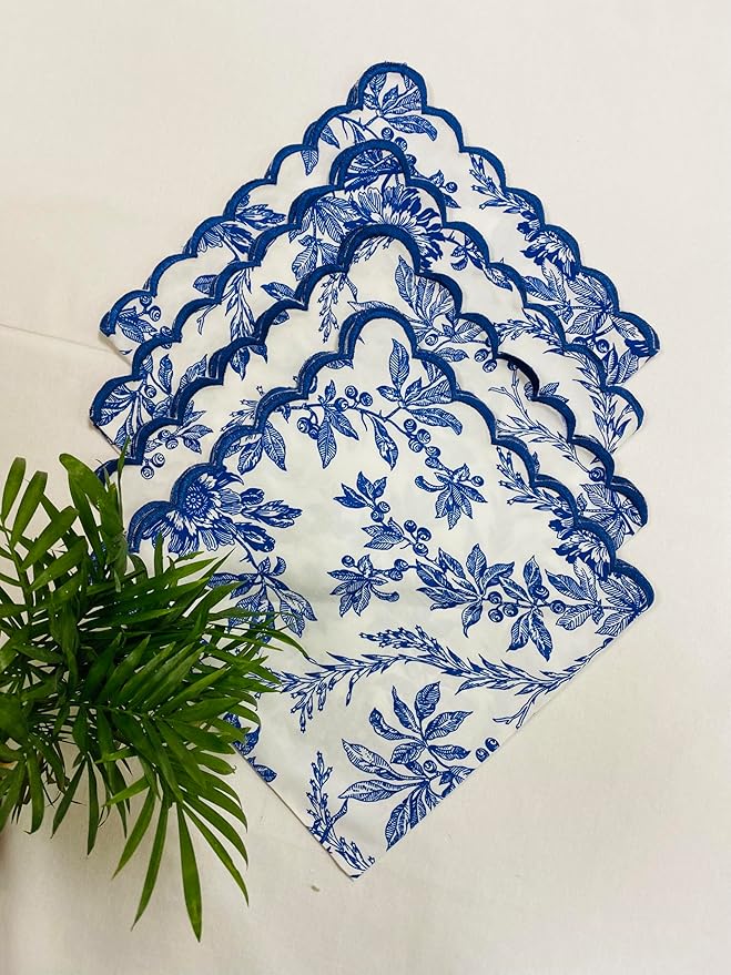 Ridhi Hand Block Print Incremental Blue 18" x 18" (Set of 4) Embroidery Table Napkins Reusable Cotton Dinner Napkins for Weddings, Parties, Everyday Dining Gift for Spring, Easter, Valentine