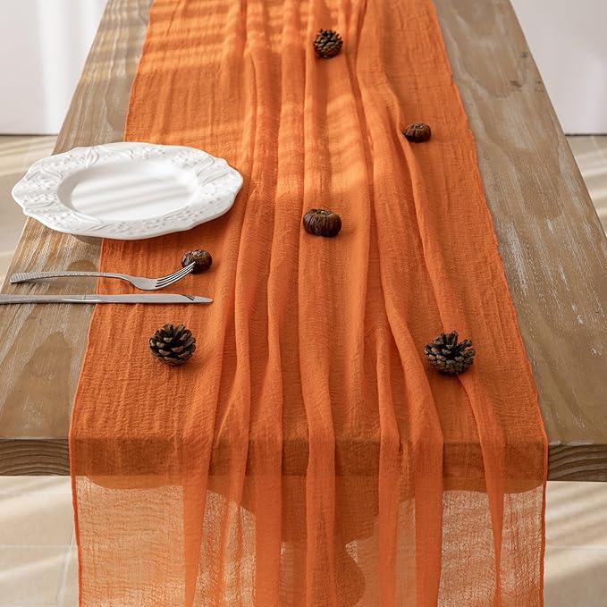 Keketoarrange Orange Spring Easter Gauze Rustic Cheesecloth Table Runner 120 Inch 10 FT for Wedding Baby Shower Bridal Shower Birthday Engagement Garden Outdoor Party Long Sheer Boho Decorations
