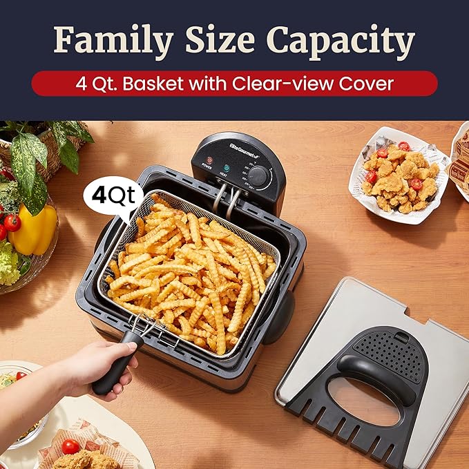 Elite Gourmet EDF475 Electric Deep Fryer 4.2 Quart Oil Capacity with Temperature Knob, 1 x 4Qt Basket, Powerful 1700 Watts, Lid with Anti-Odor Filter & Viewing Window, Stainless Steel