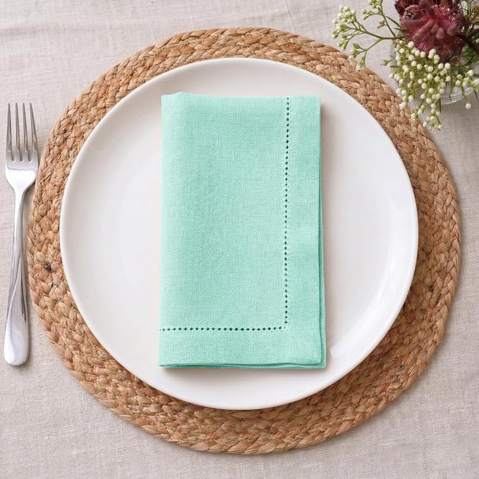 Palisa Mist Green Cotton Napkins Set of 4 | Premium Hemstitch Detailing Cloth Dinner Napkins 18x18 Inch | Soft Washable & Reusable Table Napkins for Everyday Use Weddings Parties Restaurants & Hotels