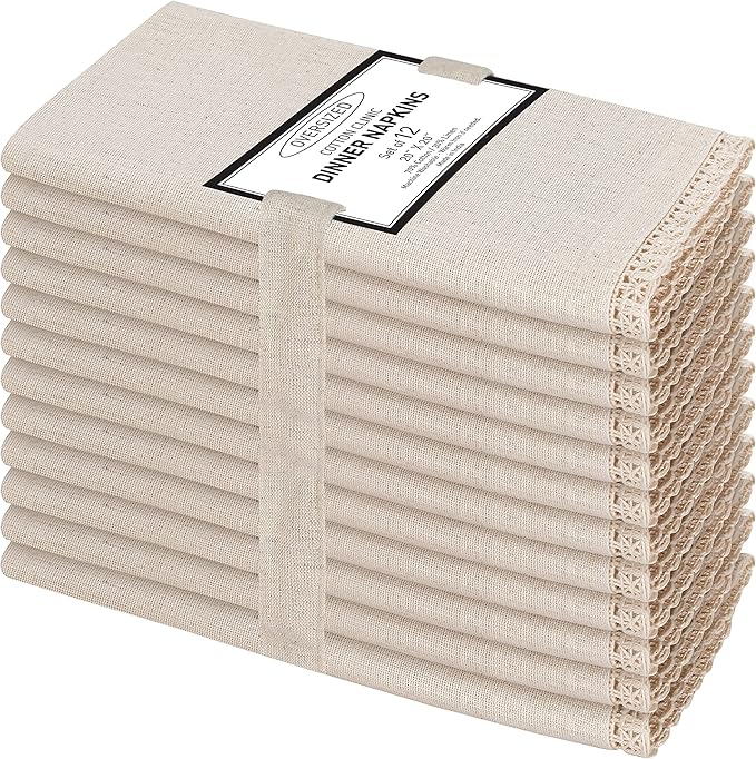 Cotton Clinic 12 Pack Cloth Dinner Napkins with Decorative Lace Oversized 20x20, Linen Cotton Fabric Tailored with Mitered Corner - Cocktail Napkins, Wedding Dinner Napkins Natural