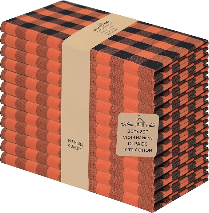 Urban Villa Halloween Cloth Napkins Back Orange Checks Dinner Napkins 20''x20'' (Set of 12) 100% Cotton Absorbent Napkins Soft Durable Reusable Washable Ideal for Events Parties Everyday use