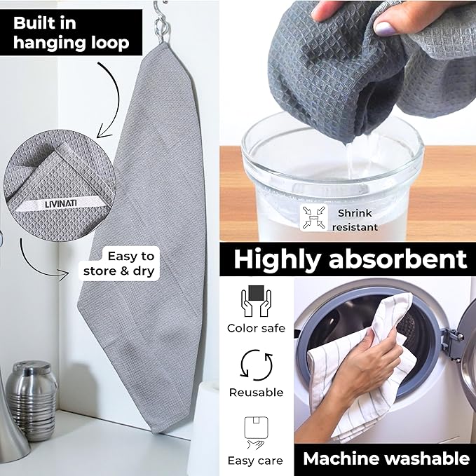 Cotton Dish Towels For Kitchen Drying - Highly Absorbent Wide Light Gray Striped Plaid Tea Towels - 18"X28" Set Of 6 Farmhouse Linen Dishtowels In Bulk - Pano De Prato Para Cozinha - T Towles Towls