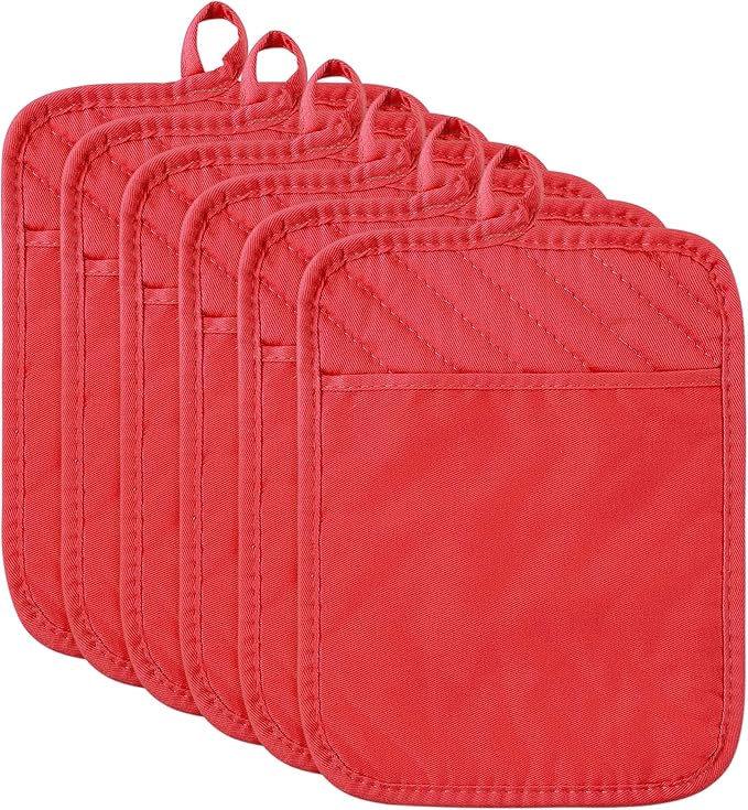 R HORSE 6Pcs Christmas Red Pot Holders with Pocket for Kitchen Cotton Pocket Pot Holder Set Heat Resistant Potholder Terry Coaster Oven Mitts Hot Pads Trivet for Baking Cooking 7''x9''