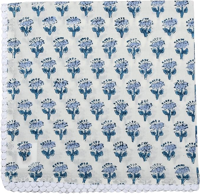 CPC Cloth Napkins 100% Cotton Set of 4 Reusable Napkins, Indian Block Print Toile Floral Dinner Napkin, Fall Thanksgiving Christmas Holiday Party Gift - Soft Absorbent Napkin, 18"x18" Mix Pom Pom