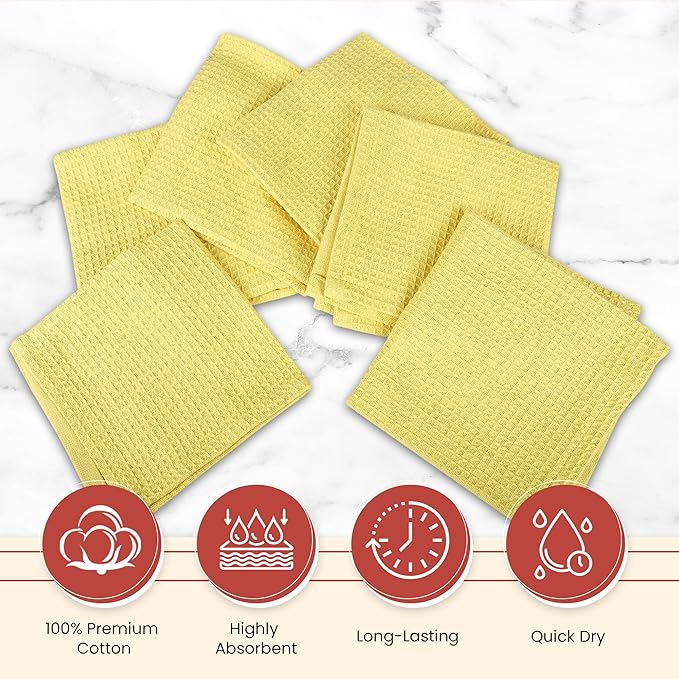 Vintage Vista 100% Cotton Waffle Dish Cloths (Pack of 6) - Dish Rags for Washing Dishes - Reusable & Highly Absorbent Kitchen Towels - Kitchen Rags fo Easter - (12" x 12" - Lemon Yellow)
