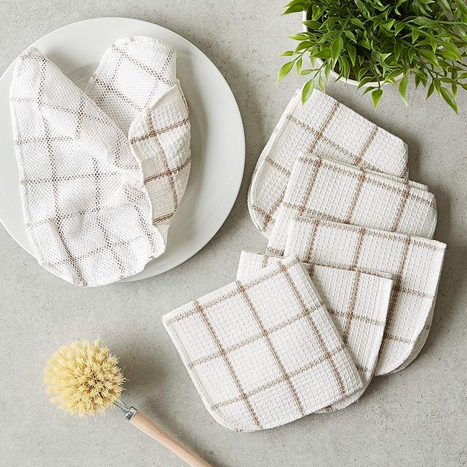 DII Scrubber Dishcloths Collection Windowpane Dishrag Set, 12x12, White/Stone Stripe, 6 Piece (Pack of 12)