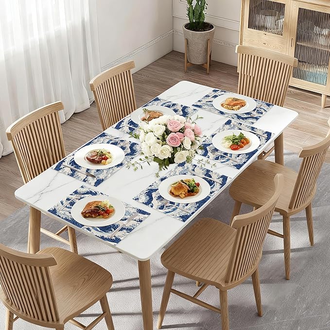 Ocean Wave Placemat Set of 6,Japanese Heat Resistant Linen Table Mats for Indoor Outdoor Home Kitchen Dining Room Table 12x18Inch