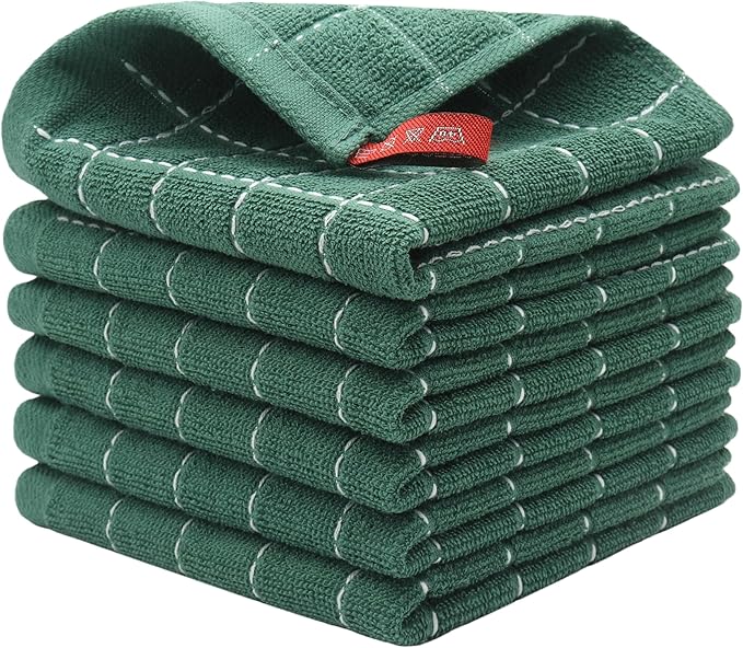 Cotton Terry Dish Cloths, Absorbent Dish Towels for Kitchen Drying, Soft Wash Cloths Multipurpose Dish Rags for Washing Dishes, 12 x 12 Inches, Set of 6 (Dark Green)