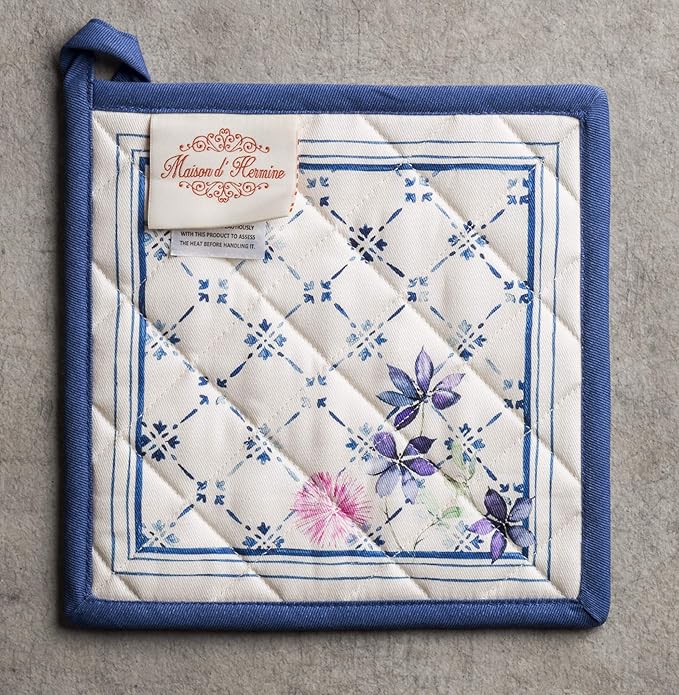 Maison d' Hermine Pot Holders 100% Cotton Heat Resistant Potholders 8" x 8" Hot Pads with Loop BBQ Cooking Baking Gifts for Mothers Day Handling Hot Pans Spring/Summer (Pack of 1, Faience)