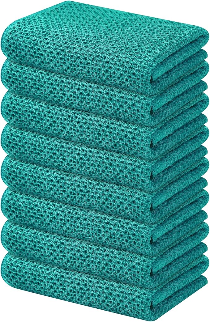 Kitinjoy 100% Cotton Waffle Weave Kitchen Hand Towels (13 X 28 Inches, Teal), 8-Pack Super Soft and Absorbent Dish Towel for Drying Dishes