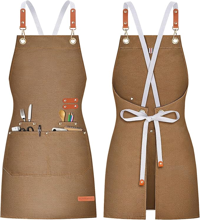 Teskyer Kitchen Cooking Apron with Pockets, Water Oil Resistant, Canvas Cross Back Aprons for Men Women Chef Server