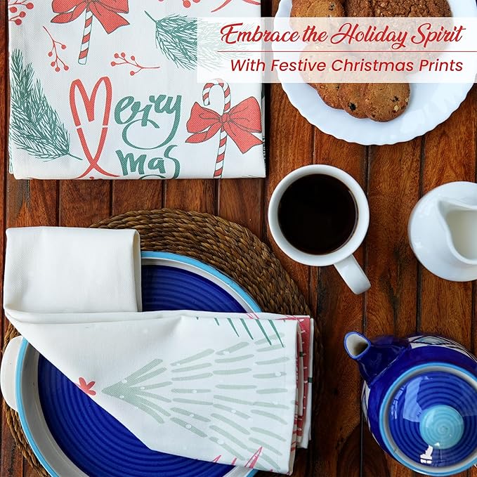 The Fine Living Co. 100% Cotton Merry Christmas Kitchen Towels, 18'x28' Set of 2 (Cherry Red & Green)
