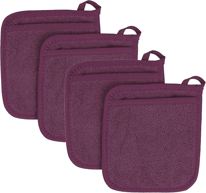 RITZ Terry Pocket Mitt & Hot Pad: Unparalleled Heat Resistant, Durable 100% Cotton – Ergonomically Designed for Optimal Grip – Easy-Care Machine Washable – 4-Pack, Beet